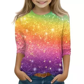 Топы с принтом для девочек 5-16 лет с круглым вырезом и рукавами 3/4 Футболки Модные топы Наряды Футболки 150 жёлтый