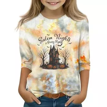 Топы с принтом для девочек 5-16 лет с круглым вырезом и рукавами 3/4 Футболки Модные топы Наряды Футболки 110 чёрный