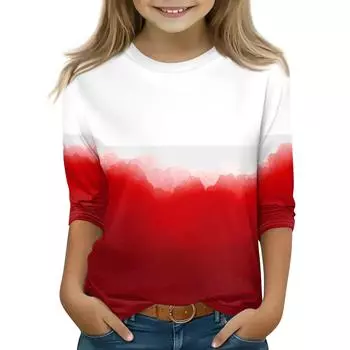 Топы с принтом для девочек 5-16 лет с круглым вырезом и рукавами 3/4 Футболки Модные топы Наряды Футболки 150 красный