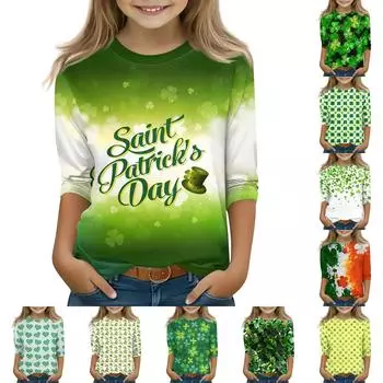 Топы с принтом для девочек 5-16 лет с круглым вырезом и рукавами 3/4 Футболки Модные топы Наряды Футболки 110 армия зеленый