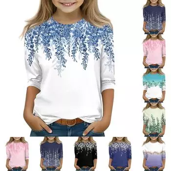 Топы с принтом для девочек 5-16 лет с круглым вырезом и рукавами 3/4 Футболки Модные топы Наряды Футболки 160 розовый