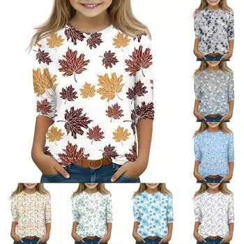 Топы с принтом для девочек 5-16 лет с круглым вырезом и рукавами 3/4 Футболки Модные топы Наряды Футболки 160 синий