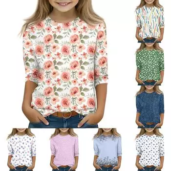 Топы с принтом для девочек 5-16 лет с круглым вырезом и рукавами 3/4 Футболки Модные топы Наряды Футболки 150 оранжевый