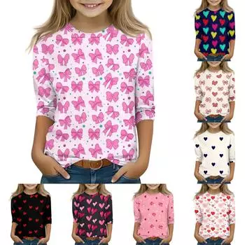 Топы с принтом для девочек 5-16 лет с круглым вырезом и рукавами 3/4 Футболки Модные топы Наряды Футболки 110 киноварь