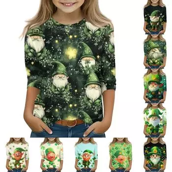 Топы с принтом для девочек 5-16 лет с круглым вырезом и рукавами 3/4 Футболки Модные топы Наряды Футболки 160 зелёный