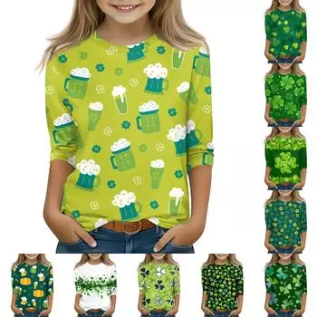 Топы с принтом для девочек 5-16 лет с круглым вырезом и рукавами 3/4 Футболки Модные топы Наряды Футболки 140 циан