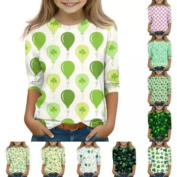 Топы с принтом для девочек 5-16 лет с круглым вырезом и рукавами 3/4 Футболки Модные топы Наряды Футболки 110 розовый