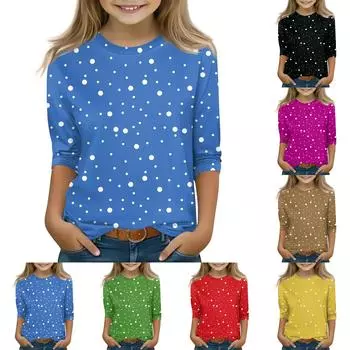 Топы с принтом для девочек 5-16 лет с круглым вырезом и рукавами 3/4 Футболки Модные топы Наряды Футболки 120 чёрный