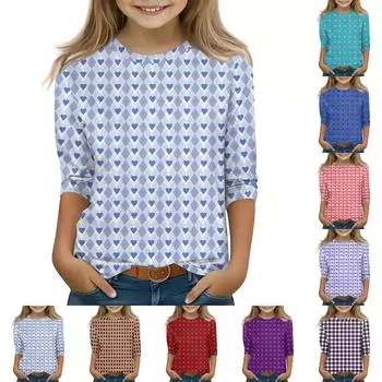 Топы с принтом для девочек 5-16 лет с круглым вырезом и рукавами 3/4 Футболки Модные топы Наряды Футболки 110 синий