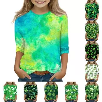 Топы с принтом для девочек 5-16 лет с круглым вырезом и рукавами 3/4 Футболки Модные топы Наряды Футболки 110 армия зеленый