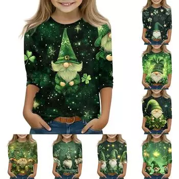 Топы с принтом для девочек 5-16 лет с круглым вырезом и рукавами 3/4 Футболки Модные топы Наряды Футболки 150