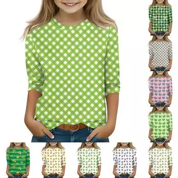 Топы с принтом для девочек 5-16 лет с круглым вырезом и рукавами 3/4 Футболки Модные топы Наряды Футболки 160