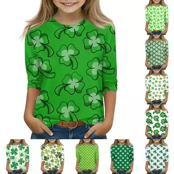 Топы с принтом для девочек 5-16 лет с круглым вырезом и рукавами 3/4 Футболки Модные топы Наряды Футболки 130