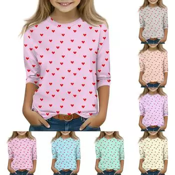 Топы с принтом для девочек 5-16 лет с круглым вырезом и рукавами 3/4 Футболки Модные топы Наряды Футболки 150