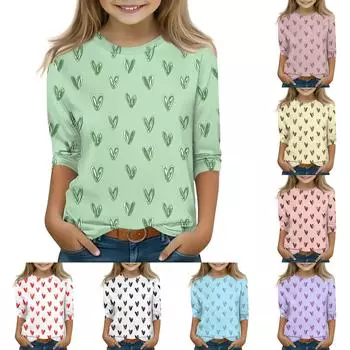Топы с принтом для девочек 5-16 лет с круглым вырезом и рукавами 3/4 Футболки Модные топы Наряды Футболки 130