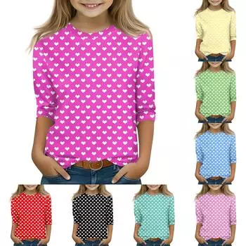 Топы с принтом для девочек 5-16 лет с круглым вырезом и рукавами 3/4 Футболки Модные топы Наряды Футболки 160