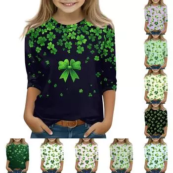 Топы с принтом для девочек 5-16 лет с круглым вырезом и рукавами 3/4 Футболки Модные топы Наряды Футболки 110 армия зеленый