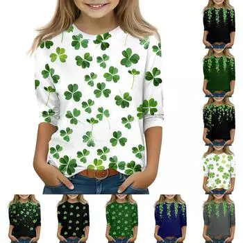 Топы с принтом для девочек 5-16 лет с круглым вырезом и рукавами 3/4 Футболки Модные топы Наряды Футболки 110 армия зеленый