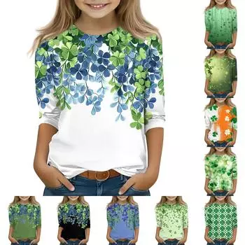 Топы с принтом для девочек 5-16 лет с круглым вырезом и рукавами 3/4 Футболки Модные топы Наряды Футболки 110 армия зеленый