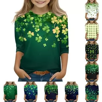 Топы с принтом для девочек 5-16 лет с круглым вырезом и рукавами 3/4 Футболки Модные топы Наряды Футболки 110 армия зеленый