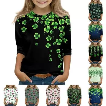 Топы с принтом для девочек 5-16 лет с круглым вырезом и рукавами 3/4 Футболки Модные топы Наряды Футболки 110 армия зеленый