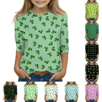 Топы с принтом для девочек 5-16 лет с круглым вырезом и рукавами 3/4 Футболки Модные топы Наряды Футболки 110 армия зеленый