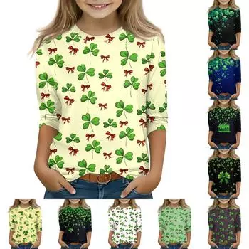 Топы с принтом для девочек 5-16 лет с круглым вырезом и рукавами 3/4 Футболки Модные топы Наряды Футболки 110 армия зеленый