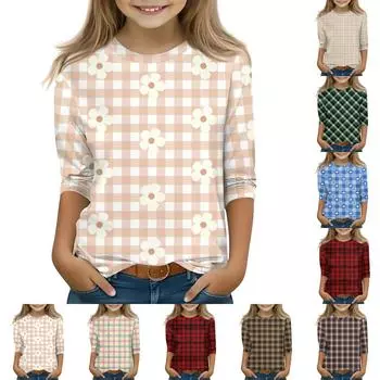 Топы с принтом для девочек 5-16 лет с круглым вырезом и рукавами 3/4 Футболки Модные топы Наряды Футболки 110 бежевый