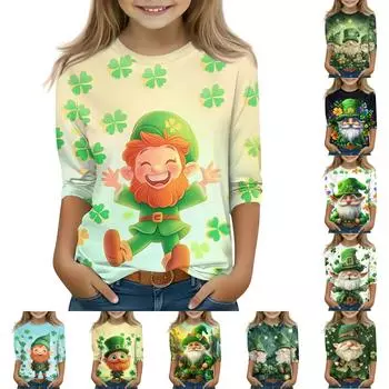 Топы с принтом для девочек 5-16 лет с круглым вырезом и рукавами 3/4 Футболки Модные топы Наряды Футболки 120 циан