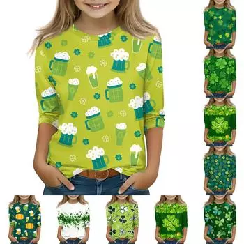 Топы с принтом для девочек 5-16 лет с круглым вырезом и рукавами 3/4 Футболки Модные топы Наряды Футболки 110 циан