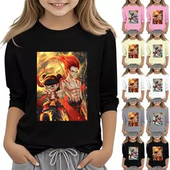 Топы с принтом для девочек 5-16 лет с круглым вырезом и рукавами 3/4 Футболки Модные топы Наряды Футболки 110 чёрный