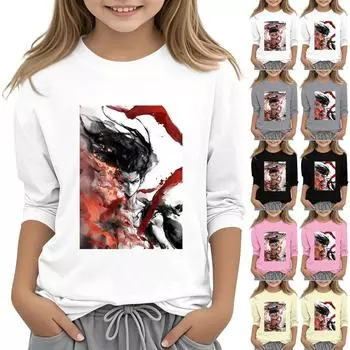 Топы с принтом для девочек 5-16 лет с круглым вырезом и рукавами 3/4 Футболки Модные топы Наряды Футболки 110 чёрный