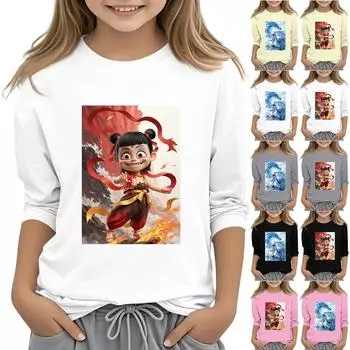 Топы с принтом для девочек 5-16 лет с круглым вырезом и рукавами 3/4 Футболки Модные топы Наряды Футболки 110 чёрный