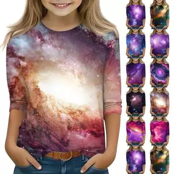 Топы с принтом для девочек 5-16 лет с круглым вырезом и рукавами 3/4 Футболки Модные топы Наряды Футболки 110 синий