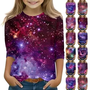 Топы с принтом для девочек 5-16 лет с круглым вырезом и рукавами 3/4 Футболки Модные топы Наряды Футболки 110 синий