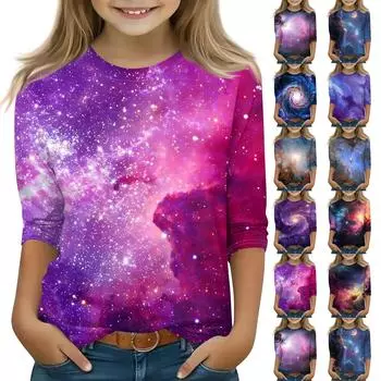 Топы с принтом для девочек 5-16 лет с круглым вырезом и рукавами 3/4 Футболки Модные топы Наряды Футболки 110 синий