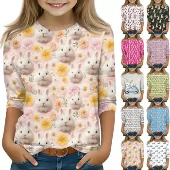 Топы с принтом для девочек 5-16 лет с круглым вырезом и рукавами 3/4 Футболки Модные топы Наряды Футболки 110