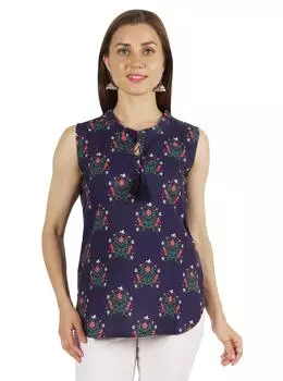 Топы с принтом Moomaya для женщин, хлопок, воротник с рюшами, без рукавов, повседневные, этнические 2XL темно-синий