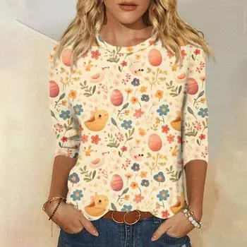 Топы с рукавами 3/4 для женщин, футболка, повседневные топы с принтом, футболка, пуловер с круглым вырезом, блузка L бежевый