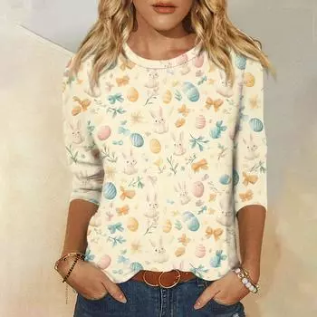 Топы с рукавами 3/4 для женщин, футболка, повседневные топы с принтом, футболка, пуловер с круглым вырезом, блузка XXL жёлтый