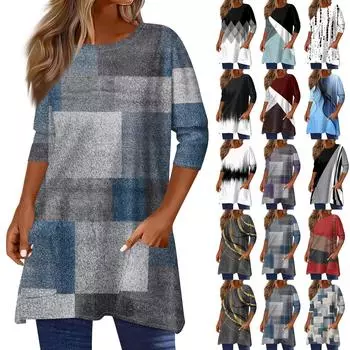 Топы с рукавами 3/4 для женщин, футболка, повседневные топы с принтом, футболка, пуловер с круглым вырезом, блузка L чёрный