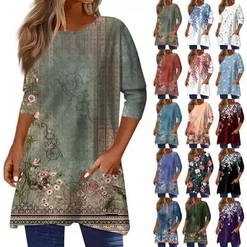 Топы с рукавами 3/4 для женщин, футболка, повседневные топы с принтом, футболка, пуловер с круглым вырезом, блузка One size