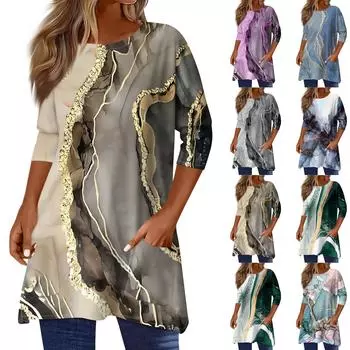 Топы с рукавами 3/4 для женщин, футболка, повседневные топы с принтом, футболка, пуловер с круглым вырезом, блузка L синий