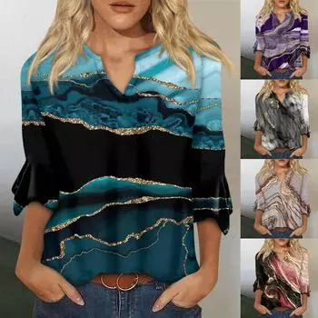 Топы с рукавами 3/4 для женщин, летние женские футболки с V-образным вырезом, свободные летние струящиеся футболки с рукавами 3/4, повседневные туники, блузки XXXL серый