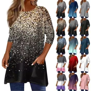 Топы с рукавами 3/4 для женщин, футболка, повседневные топы с принтом, футболка, пуловер с круглым вырезом, блузка XL серый
