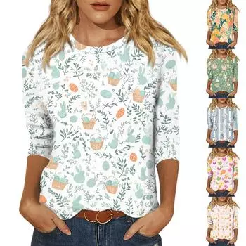 Топы с рукавами 3/4 для женщин, футболка, повседневные топы с принтом, футболка, пуловер с круглым вырезом, блузка XL