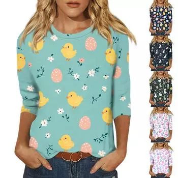 Топы с рукавами 3/4 для женщин, футболка, повседневные топы с принтом, футболка, пуловер с круглым вырезом, блузка M тёмно-синий