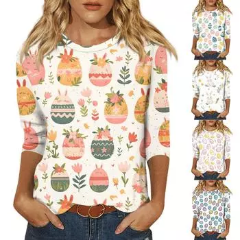 Топы с рукавами 3/4 для женщин, футболка, повседневные топы с принтом, футболка, пуловер с круглым вырезом, блузка XXXXL белый