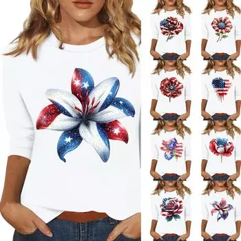 Топы с рукавами 3/4 для женщин, футболка, повседневные топы с принтом, футболка, пуловер с круглым вырезом, блузка XL белый