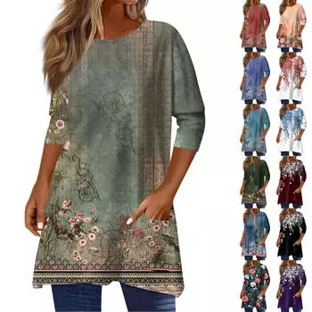 Топы с рукавами 3/4 для женщин, футболка, повседневные топы с принтом, футболка, пуловер с круглым вырезом, блузка S